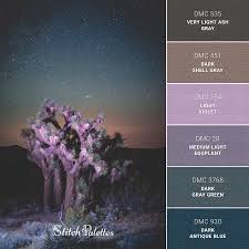 Neon violet & turquoise color scheme. Night In The Desert Embroidery Color Palette With Thread Codes