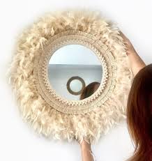 Round Mirror Feather Mirror Wall Decor