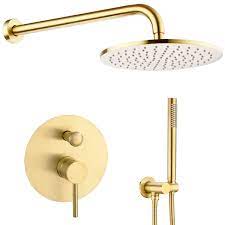 Shop allmodern for modern and contemporary brushed gold shower faucet to match your style and budget. Trustmi 10 Inch Round Bathroom Luxury Rain Mixer Combo Set Wall Mounted Rainfall Shower Head System Brushed Gold Contain Faucet Rough In Valve Body And Trim Amazon Com