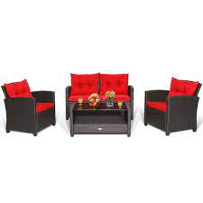Costway 4 Pcs Patio Rattan Furniture Set Glass Table Shelf Sofa See Details Red