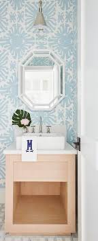 blue powder room wallpaper with beige