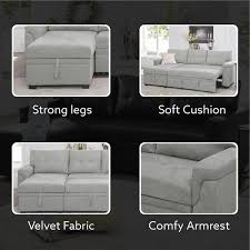 Homestock Gray Tufted Sectional Sofa Sleeper With Storage Twin Size Sofa Bed Fabric Velvet
