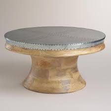 Round Riveted Metal Top Wood Base Table