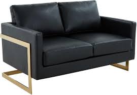 Leisuremod Lincoln Black Modern Mid Century Upholstered Leather Loveseat With Gold Frame