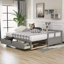 W Gray Wooden Daybed With Trundle Bed