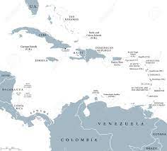 Страны Карибского Бассейна Политическая Карта С Национальными Границами.  Карибское Море С Большим, Мала И Подветренных Антильских Островов, С  Вест-Индии И В Некоторых Частях Центральной И Южной Америки. Английский  Маркировки. Клипарты, SVG, векторы,
