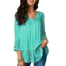 Fashion Plus Size 5xl Women Clothes Solid Color 3 4 Sleeve Blouse Lace Paneled V Neck Cropped Sleeve Casual Tops