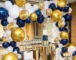 navy royal blue gold cream party poms