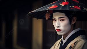 geisha woman wearing red makeup and big