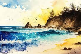 Watercolor Sea Landscape Painting