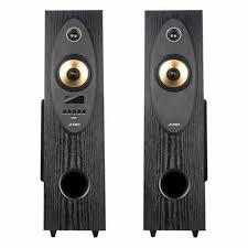 black wooden f d tower speaker 2 1