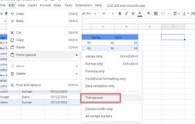 flip a table in excel google sheets