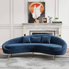 modern 83 blue velvet curved 3 seater sofa gold legs toss pillow included