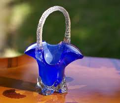 Vintage Retro Cobalt Blue Glass Basket