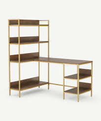 Create vertical storage space on your desk with the option of placing items on top and underneath. Lomond Adjustable Corner Desk With Shelves Dark Mango Wood And Brass Made Com