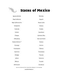 states of mexico list free printable