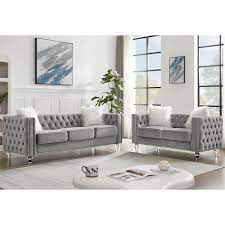 Kinwell 83 In Square Arm Polyester Rectangle Sofa Set In Gray With Loveseat