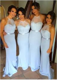 2020 Charming Mermaid Light Sky Blue Halter Satin Long Bridesmaid Dresses Gowns
