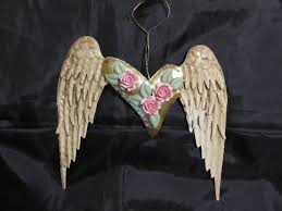 White Metal Angel Wings With Gold Heart