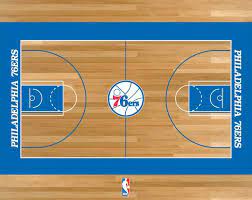 The 76ers, as noted by demetrius bell of sportslogos.net , have written their arena sponsor's name in small, white text. Philadelphia 76ers Basketball Court Philadelphia 76ers 76ers Philadelphia