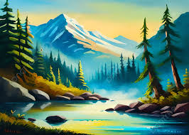 painting of a lake in mountains and