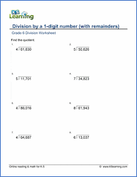 What are the long division worksheets for kindergarten? Grade 6 Math Worksheets Division By 1 Digit With Remainder K5 Learning