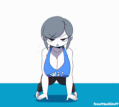 scruffmuhgruff, wii fit trainer, wii fit trainer (female), nintendo, wii  fit, animated, animated gif, looping animation, 1girl, 20s, artist name,  barefoot, blue shirt, blue tank top, bouncing, bouncing breasts, breasts,  breathing, cleavage,