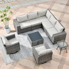 Hooowooo Crater Grey 9 Piece Wicker Wide Plus Arm Patio Conversation Sofa Set With Swivel Rocking Chairs And Beige Cushions