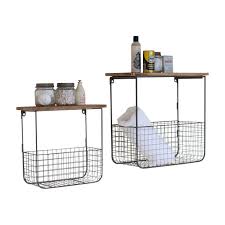 2 Wood Metal Wall Shelves W Baskets