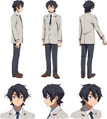 kuga hiroto, gundam, gundam build divers, gundam build divers re:rise,  black neckwear, highres, official art, 1boy, black hair, character sheet,  grey eyes, looking to the side, male focus, multiple views, necktie,  outstretched