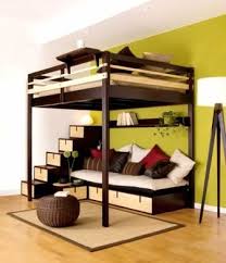 queen sized bunk bed with couch