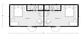 The layout of this particular home gives both bedrooms and the living room big, bright windows which is certainly a nice feature. Two Bedroom Two Bath Shipping Container Home Floor Plan Container House Plans Container House Design Shipping Container Design Plans