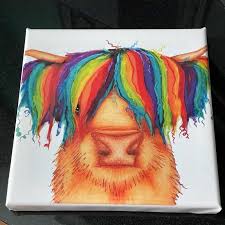 Highland Cow Rainbow Print On Canvas