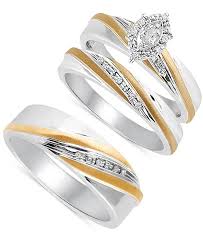 There's no reason you have to buy men's wedding bands and women's wedding bands separately. Macy S Beautiful Beginnings Diamond Accent Engagement Ring Set For Her And Band For Him In Sterling Silver And 14k Gold Reviews Rings Jewelry Watches Macy S