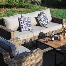 Phi Villa Brown Rattan Wicker 7 Seat 6 Piece Steel Outdoor Couches With Grey Cushions 2 Side Tables And 2 Swivel Rocking Chairs