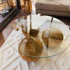 Round Glass Table With Wooden Collected Living Room Center Table Center Table Wooden Ball Wooden Coffee Table Home Gift Wood Ball