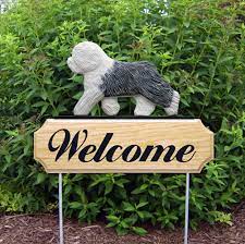 english sheepdog wood welcome outdoor sign
