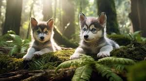 inquisitive husky puppies exploring
