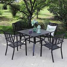 Phi Villa Black 5 Piece Metal Outdoor Patio Dining Set With Slat Square Table And Modern Stackable Chairs