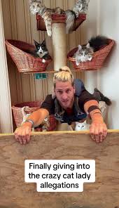man on tiktok with large cat tree filled with cats in background