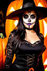 witch makeup in a black dress near pumpkins