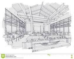 Sketch Interior Perspective Restaurant Black And White