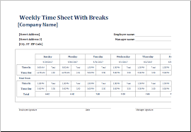 Employee Weekly Time Sheets With And Without Breaks Excel Templates