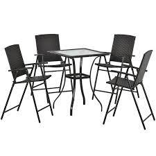 Brown 5 Piece Wicker Outdoor Dining Set With Umbrella Hole And 4 Foldable Chairs