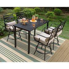 5 Piece Metal Outdoor Bar Height Dining Set With Beige Cushions
