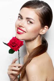 lady with rose bright smile flower near
