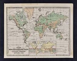 Details About 1882 Mcnally Physical World Map Mountains Volcano Isothermal Climate Wind Chart
