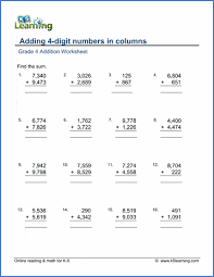 This strategy allows students to get a conceptual understanding of 2 digit addition and scaffolds their learning with a checklist on each page. Grade 4 Math Worksheet Addition Adding 4 Digit Numbers In Columns K5 Learning