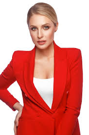 showy y blond woman in red clothes