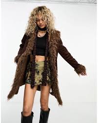 Longline Faux Suede And Shearling Coat